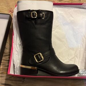 Vince Camuto Black Heeled Boots with Gold Buckles